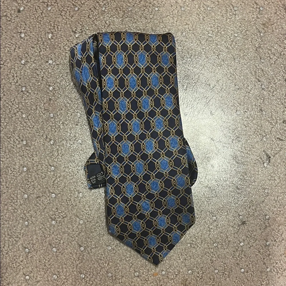 LANVIN Paris Elegant Blue and Gold Geometric Tie